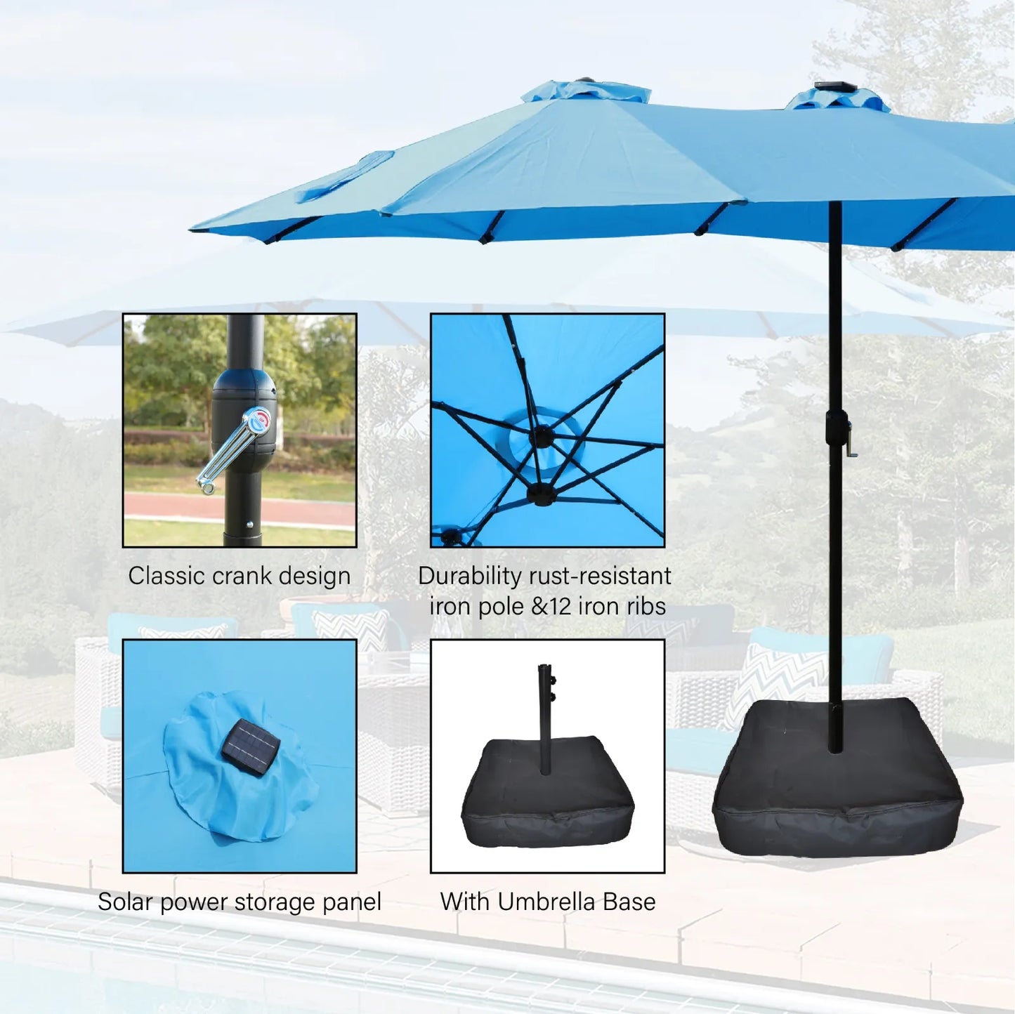 15x9ft Extra-Large Double-Sided Rectangular Outdoor Patio Umbrella